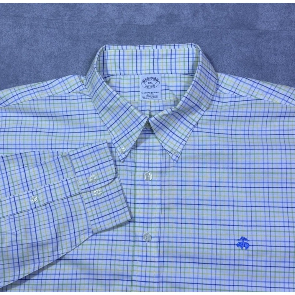 Brooks Brothers Shirt Mens XXL Oxford Supima Grid Check Slim Noniron Normcore